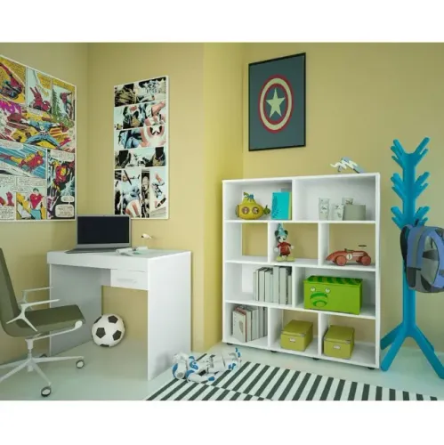 Conjunto Escrivaninha Mesa Escritório Com Gaveta Branca 91cm + Estante Livros