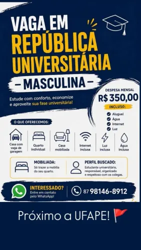Aluga-se casa. Vaga em república universitária (masculina)