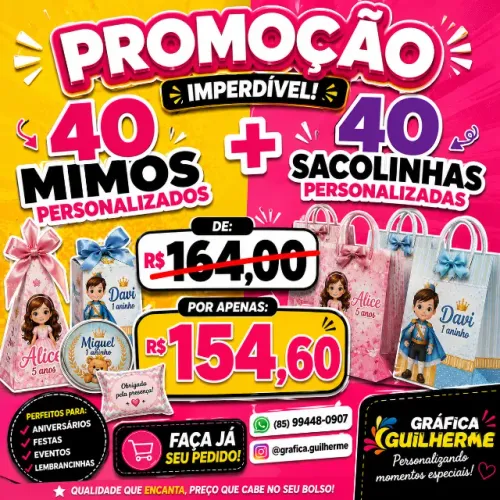 40 MIMOS PERSONALIZADOS MAIS 40 SACOLINHAS PERSONALIZADAS