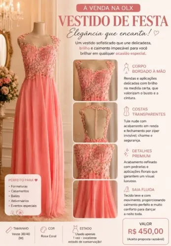 Vestido de Festa Longo Rosa Coral Bordado com Pedrarias - Elegante