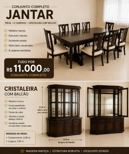 Conjunto cristaleira balcão e mesa 8 cadeiras