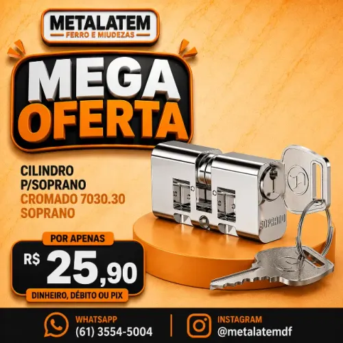 Cilindro para Fechadura Soprano Cromado 7030.30 - Alta Segurança