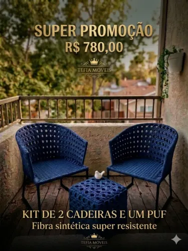 Conjunto de cadeiras e puf modelo palha Indiana