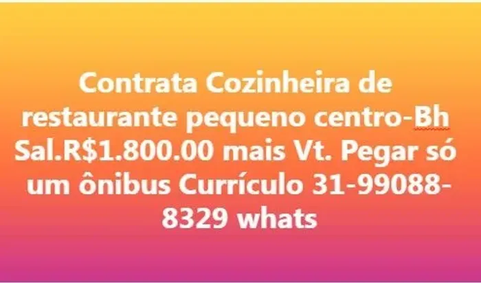 Contrata cozinheira para restaurante -Centro Bh