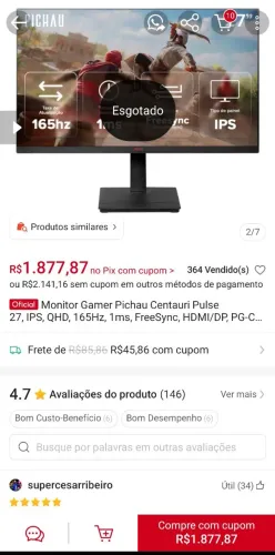 Monitor Gamer Pichau Centauri Pulse 27, IPS, QHD, 165Hz, 1ms, FreeSync, HDMI/DP,