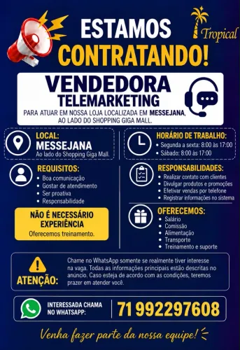 Vaga para vendedora/telemarketing