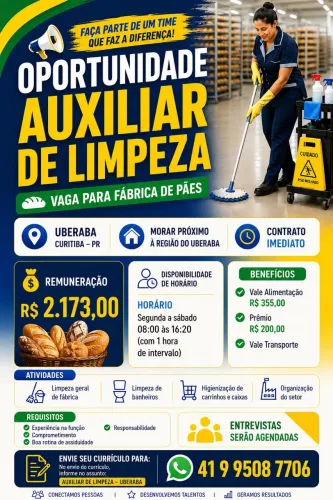 Contrata Auxiliar de Limpeza- Barro Uberaba