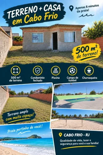 Terreno 500m² com Casa em Condomínio Fechado - Cabo Frio | 8 min da Praia