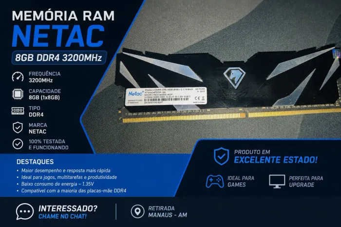 Memória RAM Netac 8gb 3200mhz
