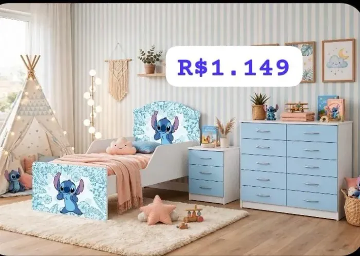 Quarto Infantil ( Cama Personalizada Stich + Mesa de cabeceira + Cômoda )