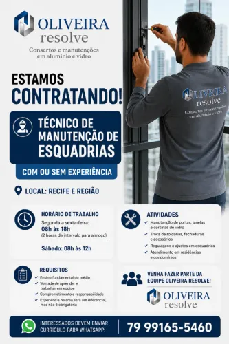 Contratamos técnico de esquadria sem experiência