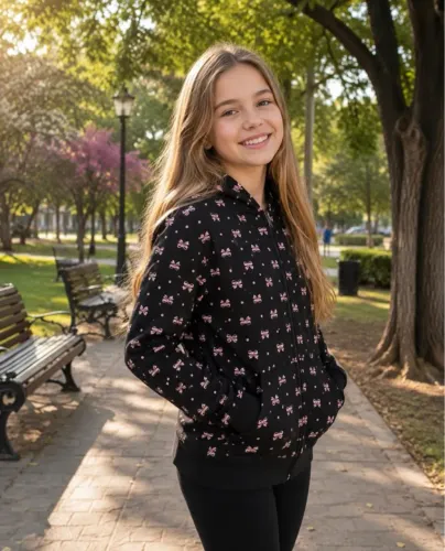 casaco preto com lacinhos para menina 12 anos