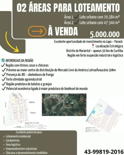 02 áreas para loteamento na Lapa/Pr oportunidade