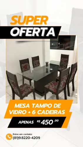 Mesa tampo de vidro 06 lugares