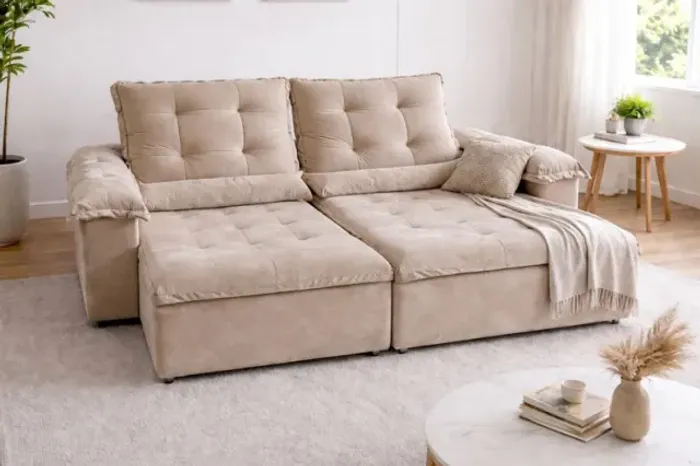 SOFÁ RETRÁTIL E RECLINÁVEL SUEDE BEGE - PRONTA ENTREGA
