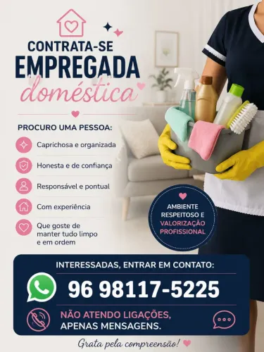 VAGA PARA EMPREGADA DOMÉSTICA - MORADA DAS PALMEIRAS 