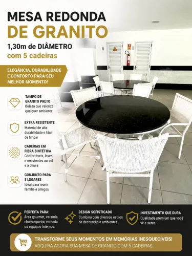 Mesa em granito 1,30m, com 5 cadeiras em alumínio. Excelente Oportunidade