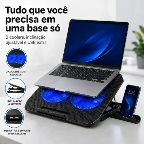 Base Suporte Notebook Com Ventilação Dupla Ângulo Regulável 12 a 17 Polegadas