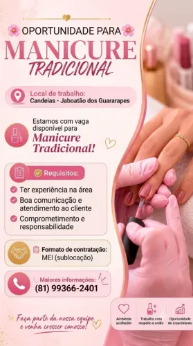 Vaga manicure tradicional e Nail Designer