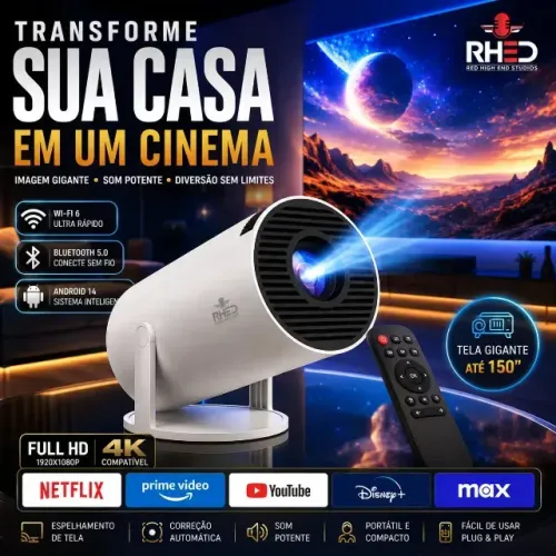 Projetor Smart Portátil HD Android 11 Wi-fi Bluetooth Transforme sua casa em Cinema