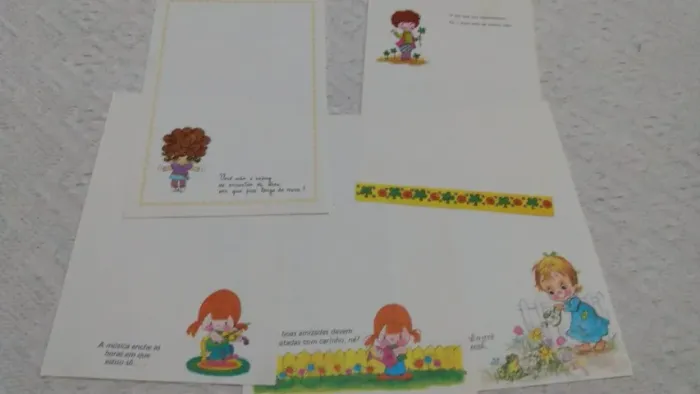 Lote de papel de carta antigo 5 folhas Coleção mista menininhas com frases