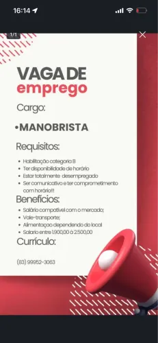 Vaga de emprego para manobrista 