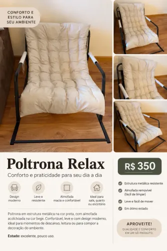 Poltrona Relax Acolchoada Bege com Estrutura Metálica Preta