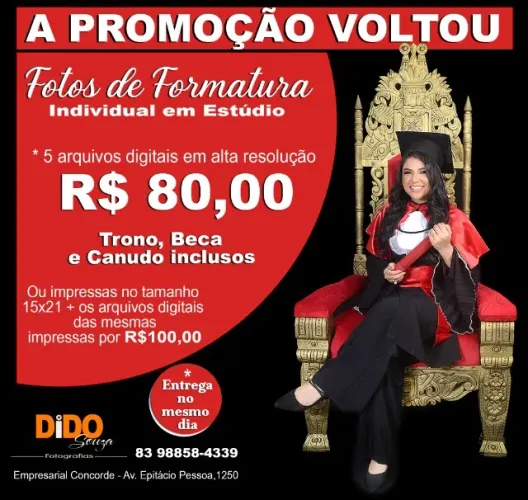 Ensaio Fotográfico de formatura em estúdio com beca, canudo e cadeira incluso