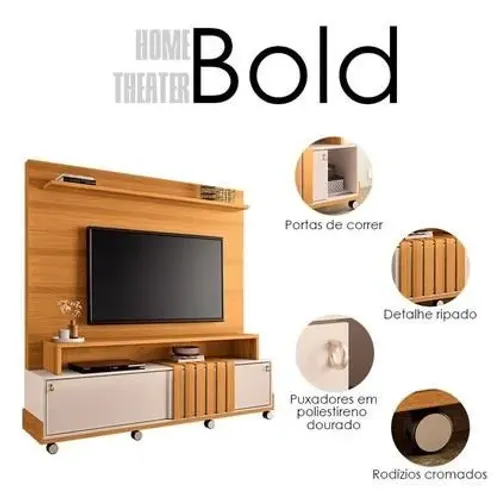 Estante Home Theater Bold Sala Tv Até 65 Polegadas Com Rodízios Cinamomo/Off White<br><br>