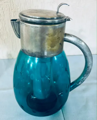 Jarra Refresqueira Antiga Anos 60 Vidro Azul E Metal Com Tubo