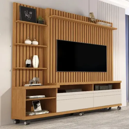 Estante Home Theater com ripado para TV até 60''