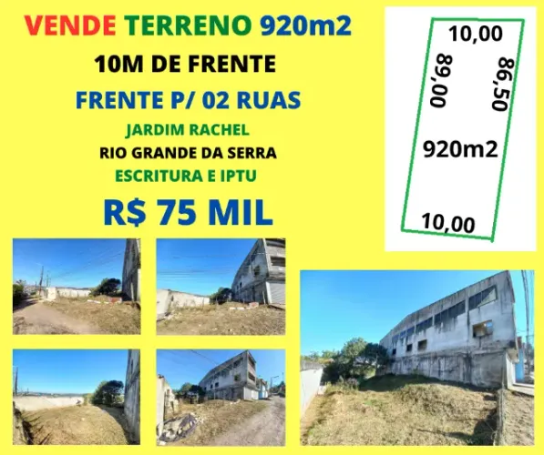 Oferta Terreno 920m2 frente p/ 2 ruas 10m de frente Jardim Rachel Escritura
