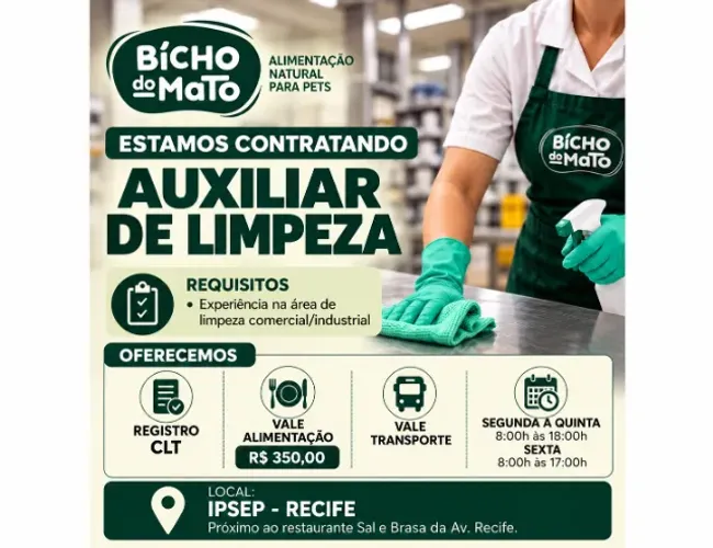 Contratamos Auxiliar de Limpeza com Experiência - Período Integral