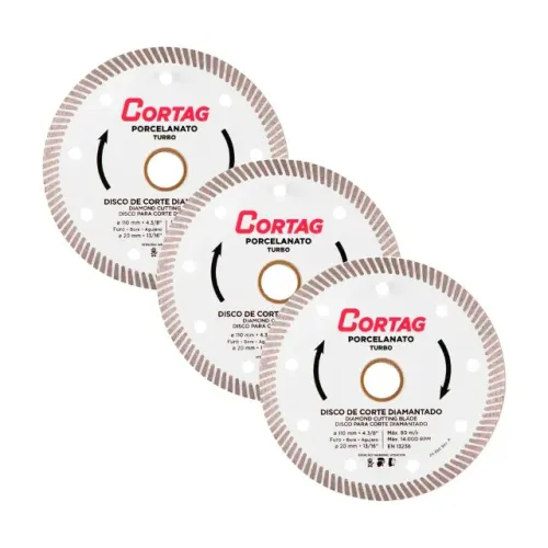 Kit 3 Discos Diamantados para Porcelanato e Cerâmica Turbo 110mm x 20mm Cortag 60863