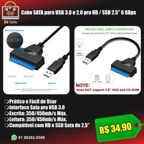 Cabo SATA para USB 3.0 e 2.0 pra HD / SSD 2.5"