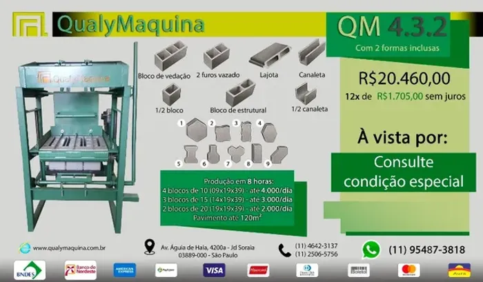 Maquina Semi automática QM-4 Industrial De Bloco De Vedação E Pavimentos Com 3 Moldes