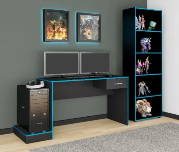 Promoção Mesa Gamer Preta com Azul  - G  