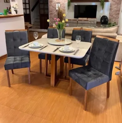 Mesa Pedro 120 Mel/Off White com Cadeiras Sophia/Capri Mel/Veludo Grafite