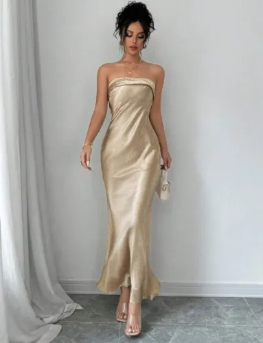 Vestido de Festa Dourado tomara que caia Costas nuas elegante (ANO NOVO) promoção