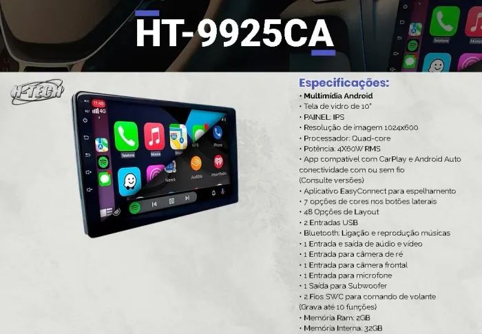 Multimídia 10p Android 2gb/32gb Universal C/ Carplay Camera