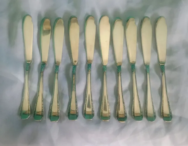 Antigo conjunto com 10 espátulas para manteiga prata 90<br><br>13 cm