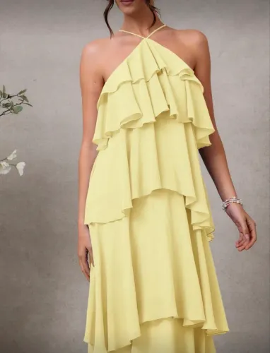Vestido Amarelo Chiffon Romântico - Novo, Tamanho PP/XS (Veste 34/36) 