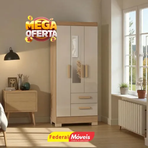 Guarda Roupa para Solteiro c/ Espelho 3P 2G Mega Oferta - Entregamos