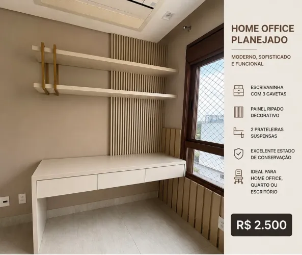 Escrivaninha planejada com painel ripado e prateleiras