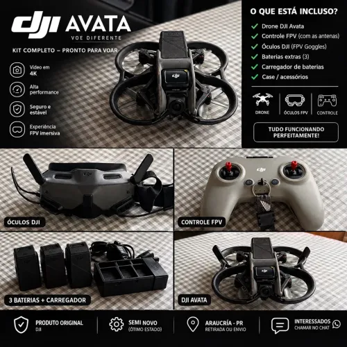 Drone DJI Avata FPV 4K Completo + Óculos, Controle e 3 Baterias