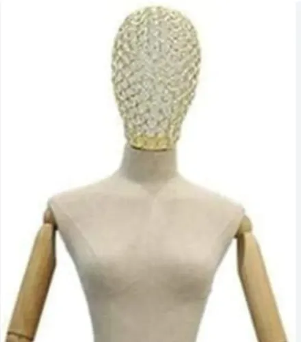 Manequim Feminino; cabeça aramada, Busto De Tecido Com Braços Em Madeira Pé Dourado