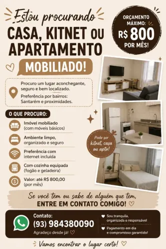 Estou a procura de casas, apartamentos ou kitnet mobiliado