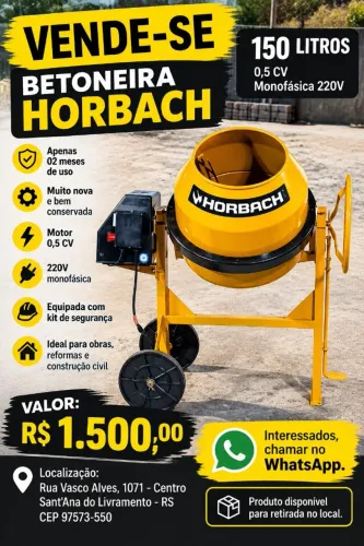 Betoneira Horbach 150 Litros 0,5CV Com Kit de Segurança Monofásico 220V 02 messes de uso