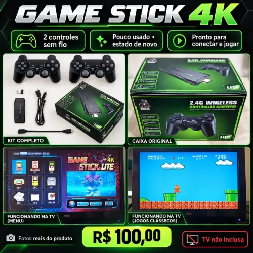Game Stick 4K Retrô com 2 Controles Sem Fio - R$ 100