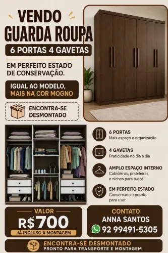 Guarda-roupa seis portas quatro gavetas semi-novo